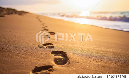 A line of footprints on a sandy beach at dusk / A poetic landscape that expresses the changing of the seasons and travel memories A line of footprints on a sandy beach at dusk / A poetic landscape that expresses the changing of the seasons and travel memories 130232196
