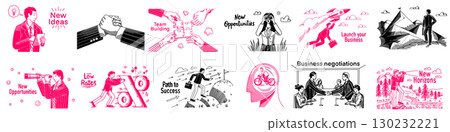 Business and teamwork concepts. Start Up and look for opportunities. Banner in hand drawn outline 130232221