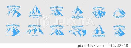 Mountain emblem or icons set. Hand drawn frozen peaks for your design, water bottle, expeditions Mountain emblem or icons set. Hand drawn frozen peaks for your design, water bottle, expeditions 130232248