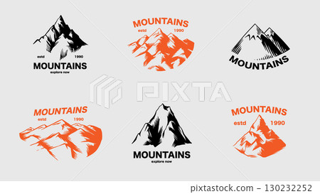 Mountain emblem or icons set. Hand drawn frozen peaks for your design, water bottle, expeditions Mountain emblem or icons set. Hand drawn frozen peaks for your design, water bottle, expeditions 130232252