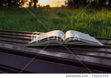 open book resting on bench in grassy area during sunset in serene outdoor setting. closeup. open book resting on bench in grassy area during sunset in serene outdoor setting. closeup. 130232359