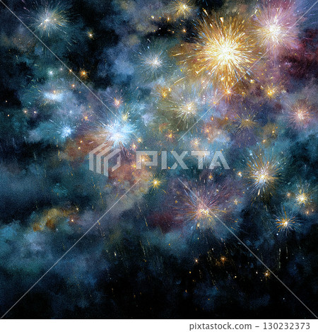 Illustration of fantastic fireworks shining in the night sky (painting style) 130232373
