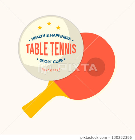Table tennis badge, emblem with ping pong racket. Vector. For table tennis logotype templates and badges. Place to promote health and friendship 130232396