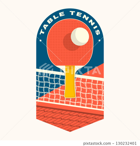 Table tennis badge, emblem with ping pong racket. Vector. For table tennis and ping pong logotype templates and sticker. Ball with net and table tennis Table tennis badge, emblem with ping pong racket. Vector. For table tennis and ping pong logotype templates and sticker. Ball with net and table tennis 130232401