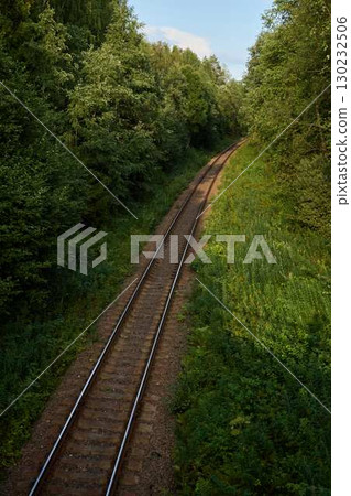 Tranquil and Serene Railway Tracks Meandering Through a Lush and Verdant Green Forest Landscape Tranquil and Serene Railway Tracks Meandering Through a Lush and Verdant Green Forest Landscape 130232506