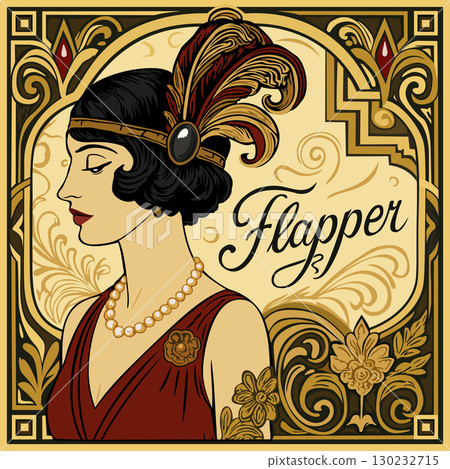 Flapper. Vintage vector poster with young glamorous emancipated woman in art deco style 130232715