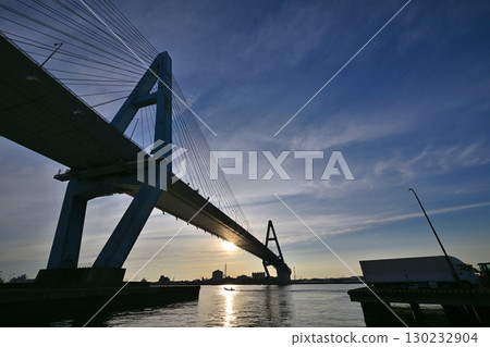 Meiko Higashi Bridge illuminated by the morning sun 130232904
