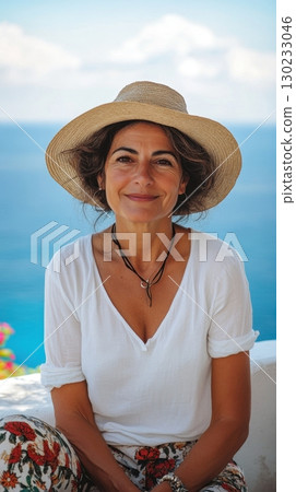Smiling woman by the sea at sunset 130233046