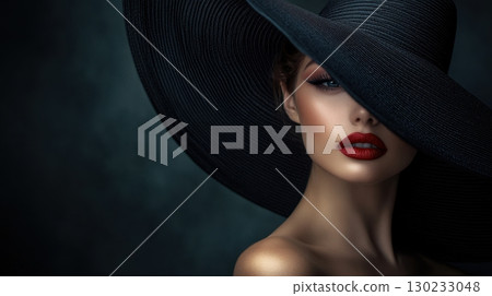 Woman in black hat with bold lips Woman in black hat with bold lips 130233048