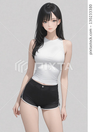一個有著黑色長髮的美麗女孩，穿著白色無袖上衣和黑色短褲。 130233380
