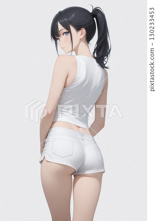 一位黑髮扎著馬尾、身穿無袖短褲的美麗女孩轉過身來。 130233453