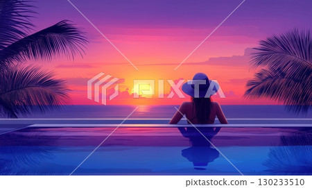 Relaxing by the pool at sunset shore 130233510