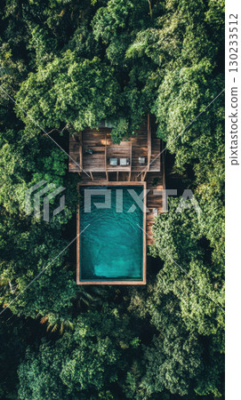 Poolside retreat in lush greenery 130233512