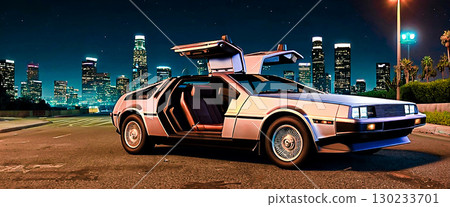 Delorean driving through Los Angeles at night. A quiet cityscape from the 1980s. [AI-generated image] 130233701