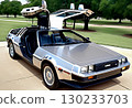 A running Delorean: A quiet town in the 1980s [AI-generated image] 130233703