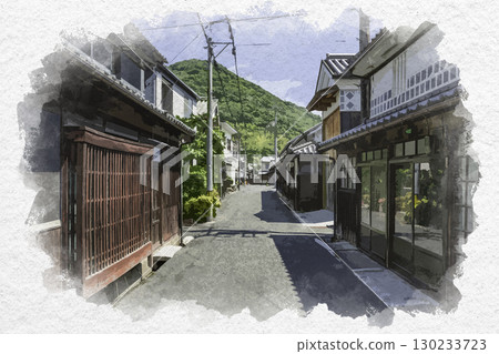 岡山縣玉野市矢濱本町通矢濱街道的水彩畫 130233723