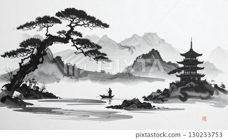 日本風景水墨畫（松樹、五重塔、漁船） 130233753