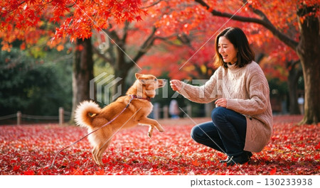 A woman playing with a dog in a park with autumn maple leaves A woman playing with a dog in a park with autumn maple leaves 130233938