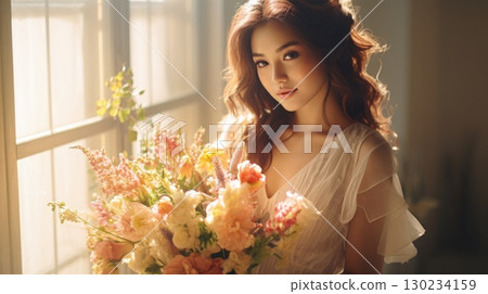 asian female, bridal studio photography with flower bouquet, ai 130234159