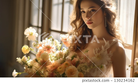 asian female, bridal studio photography with flower bouquet, ai 130234162