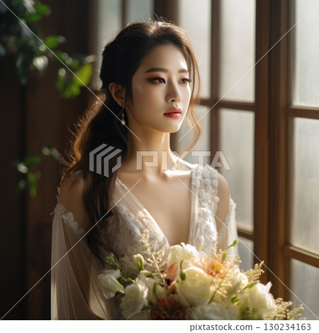asian female, bridal studio photography with flower bouquet, ai 130234163