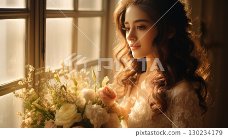 asian female, bridal studio photography with flower bouquet, ai 130234179