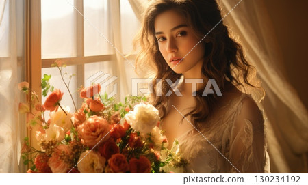 asian female, bridal studio photography with flower bouquet, ai 130234192