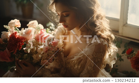 caucasian female, bridal studio photography with flower bouquet, ai 130234212