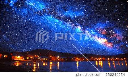 Starry Night: The Milky Way reflected on the water at night 130234254