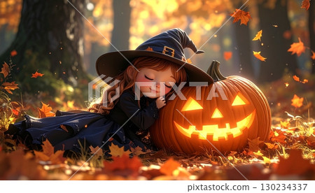 一個可愛的女孩打扮成萬聖節女巫,睡在南瓜燈旁的 3D 插圖 一個可愛的女孩打扮成萬聖節女巫,睡在南瓜燈旁的 3D 插圖 130234337
