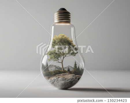 Light bulb with miniature tree inside on plain background, symbolizing eco friendly ideas and sustainability, with natural elements encapsulated in creative design 130234423