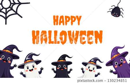 Ready-made Happy Halloween card template with cute smiling ghosts with big eyes, spider and spider web on white background. The witch clothes and hat are different colors. Vector illustration Ready-made Happy Halloween card template with cute smiling ghosts with big eyes, spider and spider web on white background. The witch clothes and hat are different colors. Vector illustration 130234851