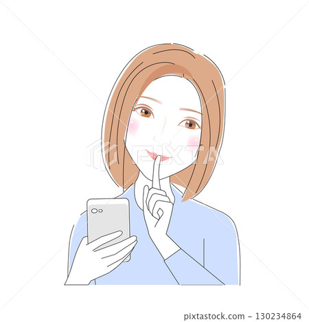 一位女士用手指摀住嘴巴,看著智慧型手機 一位女士用手指摀住嘴巴,看著智慧型手機 130234864