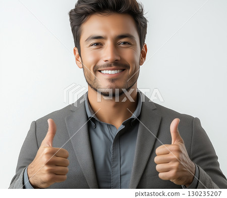 A male businessman in a suit posing with both thumbs up in a "Like" pose 130235207