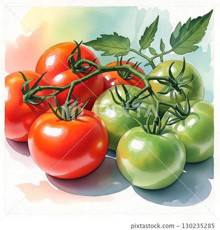 A watercolor painting with a group of red and green tomatoes (Solanum lycopersicum) attached to their vine A watercolor painting with a group of red and green tomatoes (Solanum lycopersicum) attached to their vine 130235285