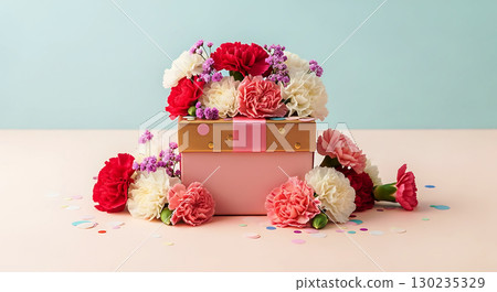 A pink gift box overflows with carnations in red, white, and pink, paired with small purple flowers. Scattered petals and confetti in various colors surround the elegantly arranged box 130235329
