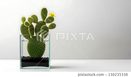 A vibrant green cactus with multiple oval pads and a yellow flower in a clear glass pot filled with dark soil and pebbles. The composition highlights the cactus's texture and color 130235336