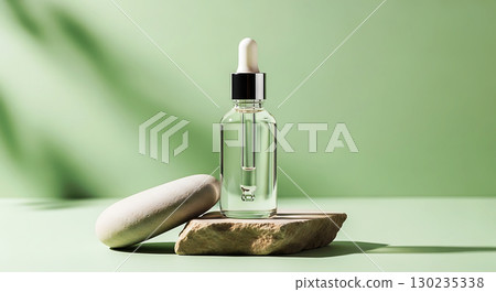 Glass dropper bottle with clear liquid on a stone slab, accompanied by an oval stone, all placed against a smooth green backdrop with soft shadows 130235338