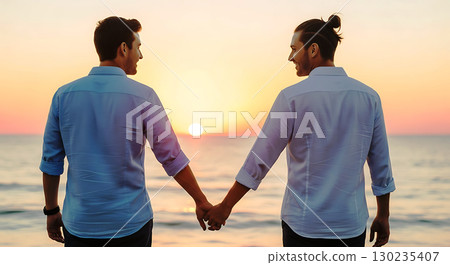 Two individuals holding hands gaze at the vibrant sunset over the ocean. Both wear white shirts and have short dark hair, one with a bun, standing close on sandy shore 130235407
