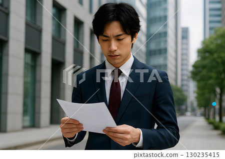 A serious young businessman checking documents on a street corner 130235415