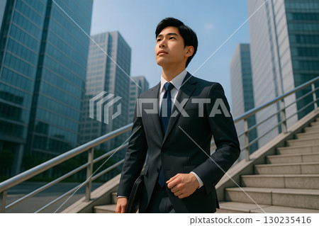 A young businessman looking up at the future halfway up the stairs 130235416