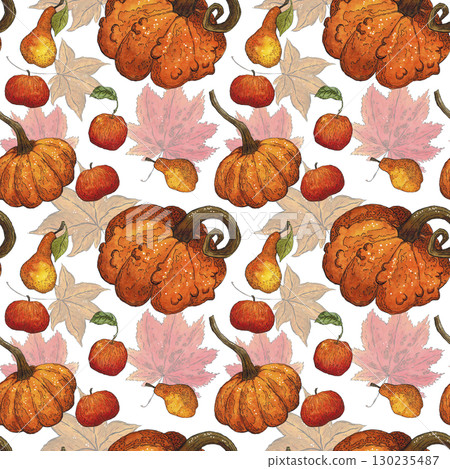 Seamless pattern of pumpkins, apples, pears and maple leaves. Hand drawn illustration with watercolor and ink. Drawing for poster, tableware, cards, scrapbooking. Autumn, tree, vegetables, fruits 130235487