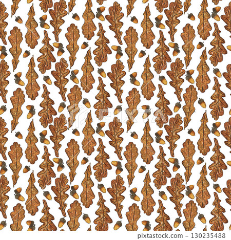 Seamless pattern of parallel rows of oak leaves and acorns. Hand-drawn illustration with watercolor and ink. Drawing for poster, tableware, cards, scrapbooking. Autumn, tree, ocher, foliage, nut 130235488