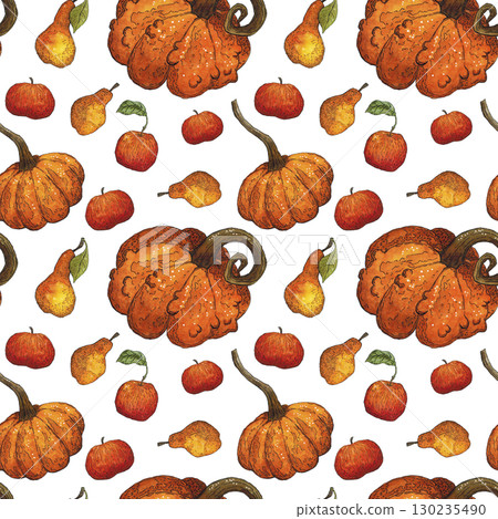 Seamless pattern of pumpkins, pears and apples. Hand drawn illustration with watercolor and ink. Drawing for printing on fabric, paper, scrapbooking. Autumn, harvest, vegetables, food, diet, vitamins Seamless pattern of pumpkins, pears and apples. Hand drawn illustration with watercolor and ink. Drawing for printing on fabric, paper, scrapbooking. Autumn, harvest, vegetables, food, diet, vitamins 130235490