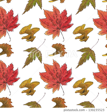 Seamless pattern of maple leaves and tree mushrooms. Hand drawn illustration with watercolor and ink. Drawing for poster, tableware, postcards, scrapbooking. Autumn, tree, vegetables, foliage, orange Seamless pattern of maple leaves and tree mushrooms. Hand drawn illustration with watercolor and ink. Drawing for poster, tableware, postcards, scrapbooking. Autumn, tree, vegetables, foliage, orange 130235523