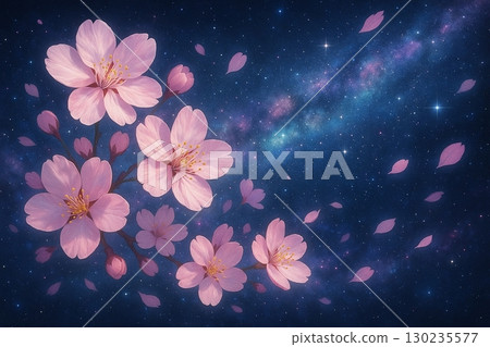 Cherry blossoms dancing in the starry sky – Fantasy background of space and flowers 130235577
