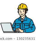 A smiling young construction worker wearing a yellow helmet is creating CAD design drawings on a computer 130235631
