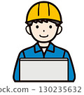A smiling young construction worker wearing a yellow helmet is creating CAD design drawings on a computer 130235632