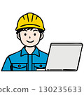 A smiling young construction worker wearing a yellow helmet is creating CAD design drawings on a computer 130235633