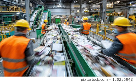 Recycling work at a waste treatment facility Recycling work at a waste treatment facility 130235948